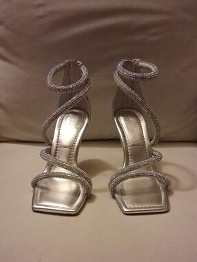 Guess Crystal-Strap Spiral Ankle Heels - Iridescent/Silver